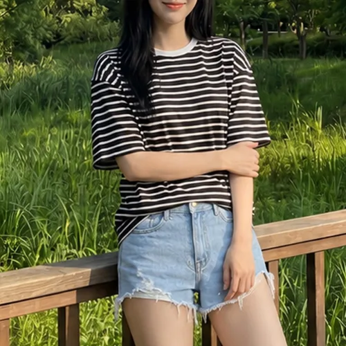 굿데이즈 단가라 반팔티 스트라이프 여성 반팔