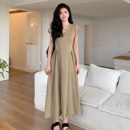 ANYOU 여름 브이넥 핀턱 반팔 롱 원피스 루즈핏 데일리 캐주얼 여성 여름 원피스