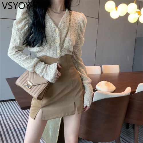 vsyoy 니치 프렌치 V 넥 퍼프 슬리브 레이스베이스 셔츠 여성용 이른 봄 웨스턴 스타일 작은 셔츠 세련된 탑 하프 스커트 투피스 세트