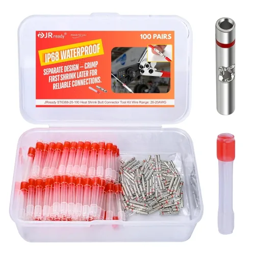 JRready 자동납땜M81824/1-1 열수축 방수 버트 커넥터 (레드) 100쌍, 26-20AWG, IP68 방수, 순동 터미널, 3:1 PE 슬리브, ST6388-20-100, 1개