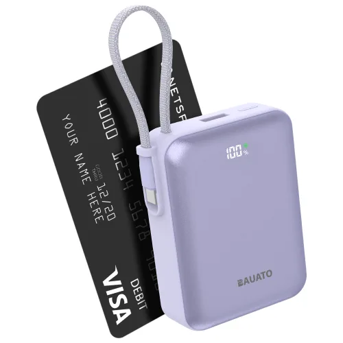 바우아토 포켓쉴 케이블 일체형 미니 대용량 보조배터리 10000mAh C타입, D-B-0260, 파스텔퍼플