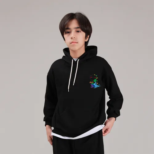 [국내 생산] 마고주니어 주니어용 오버핏 레인보우 다이노 후드 티셔츠 [키 110, 120, 130, 140]