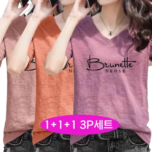 1+1+1세트 여름 여성 편안한 브이넥 면티 캐주얼 여성 죽면 반팔 티셔츠 인스타그램 감성