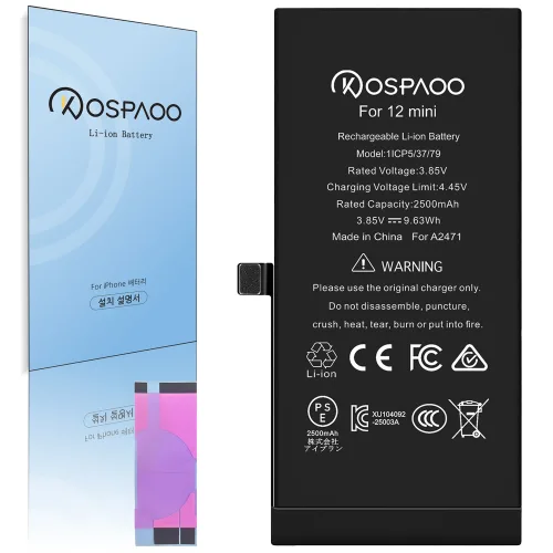 For iPhone 12 mini 배터리 대용량2500mAh 증가 폭12.3% A2471배터리 교체 동영상 한국어 설명서 KC인증 Li-ion Battery (No Tool), 1개, iPhone 12 mini  배터리，분해 도구 없음