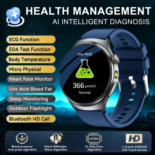 2026년 신형 스마트워치 남성용 ECG+PPG 모니터 혈압 HRV 요산 혈중 지질 방수 BT 통화 AMOLED 스포츠 스마