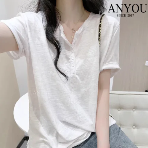 ANYOU 화이트 나른한 바람 슬라브 루즈핏 티셔츠 여성복 여름 반팔 어깨 디자인감 캐주얼 얇은 상의