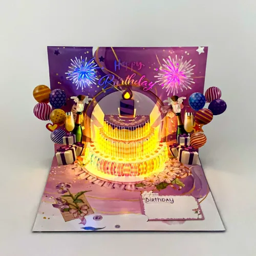EC1983 멜로디 생일카드 음악 나오는 생일축하카드 3D 입체 팝업 생일 파티 이벤트 카드, 1개, 보라색