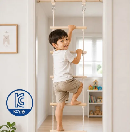 [특가할인] KC인증 원목 사다리 화이트 로프 그네 우드 밧줄 스윙 실내 매달리기 세트