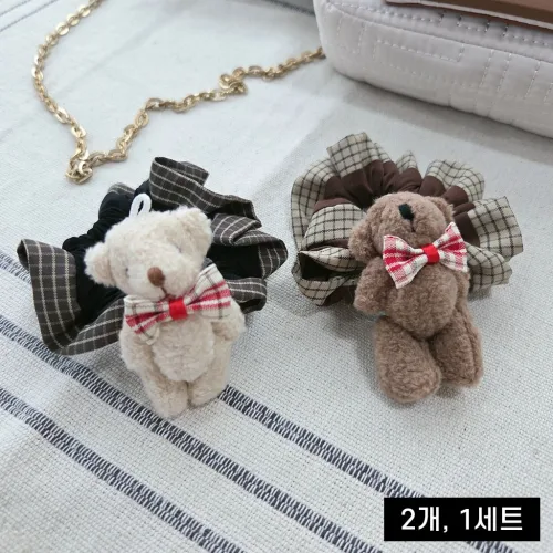 써니센스 곰돌이 머리끈 체크 곱창끈 테디베어 인형 헤어끈 빈티지 여성 데일리 곱창밴드, 1세트, 2개(베이지+브라운)