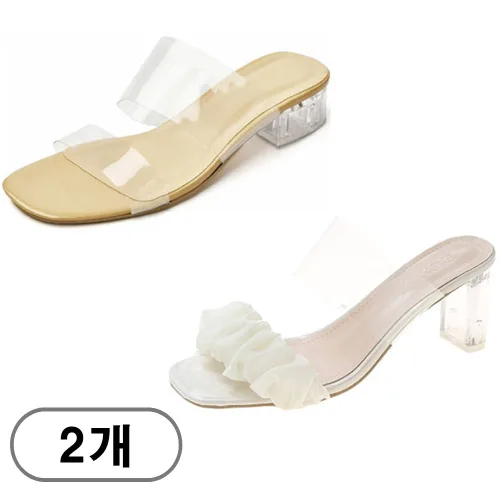 차쿠 1+1 크리스탈 통굽 PVC 투명 가보시 뮬 슬리퍼 프릴 투명 슬리퍼