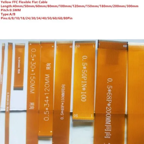 FFC FPC 노란색 플랫 플렉시블 케이블 0.5mm 피치 6P 8P 10P 18P 24P 30P 34P 40P 50P 60P 68P/80 핀 LCD 스크린 라인