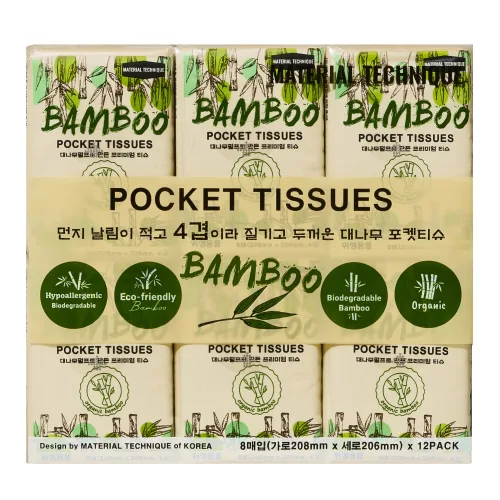머트리얼테크닉 대나무 천연펄프 먼지없고 도톰한 4겹 포켓티슈 휴대용 여행용화장지, 2세트, 96매입