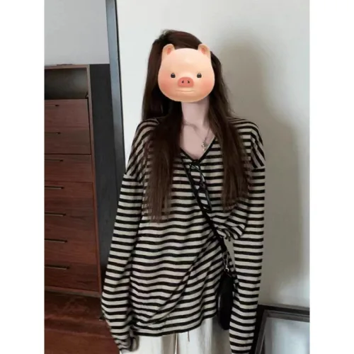 티류으스 여성 여름 레트로 컬러블록 스트라이프 루즈핏 긴팔티 자외선차단