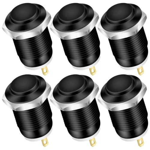 DaierTek 6개입 12V 순간 푸시 버튼 스위치 방수 블랙 메탈 12mm 12 소형 원형 전원 2핀 ON Black No Wire