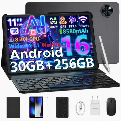 DOOGEE U11 PRO 세트 버전 11인치 안드로이드 16 Gemini AI2.0 태블릿 최대30GB(6+24)+256GB 2TB확장 5GWiFi 8580mAh 테블릿pc, 블랙