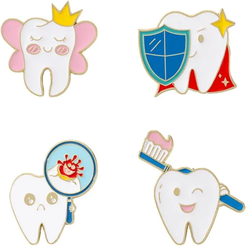 4개 세트 귀여운 치아 법랑질 핀 - 관리 이빨 요정 슈퍼히어로 재킷 가방 모자 치과 의사 선물용