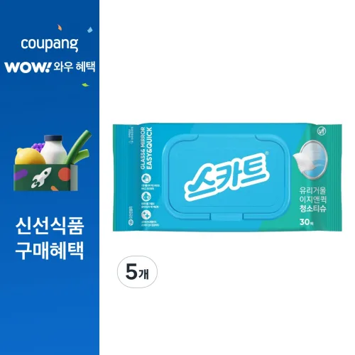스카트 유리거울 이지앤퀵 청소티슈 30p, 5개, 200 x 140 mm