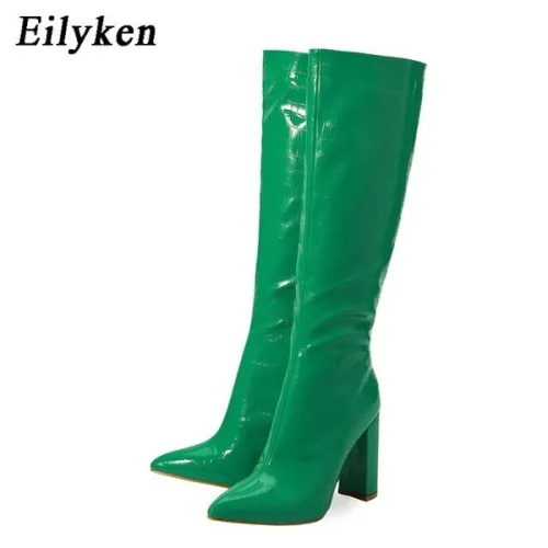 여성 롱부츠 통넓은 빅사이즈 Eilyken 가을 겨울 하이힐 여성 무릎 높은 사문석 부츠 디자이너 청키 신발 지퍼 긴 botas mujer
