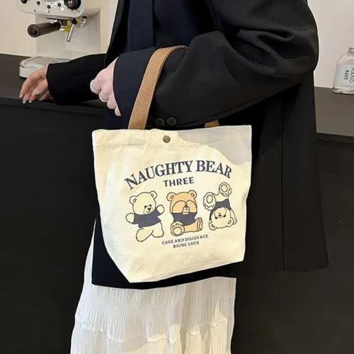 여자 학생 대학생 귀여운 보조 가방 곰돌이 캐릭터 캔버스 에코백 토트백 미니 숄더백