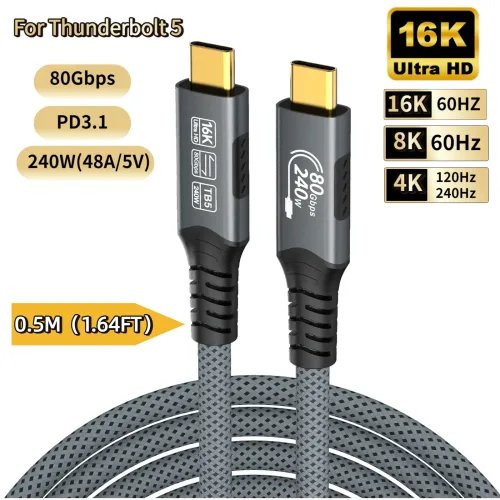썬더볼트 4용 연장 케이블 40Gbps USB4 데이터 전송 8K@60Hz 타입-C PD240W 고속 전화기 태블릿용