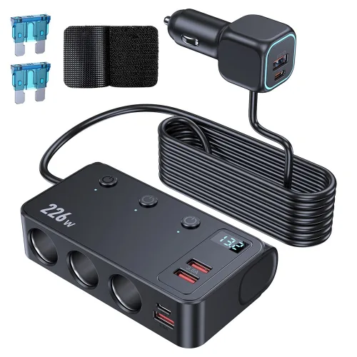 카모아 9in1 고출력 226W 시거잭 3구 차량용 멀티소켓 12V 24V 독립스위치 시거잭 소켓 PD45W USB C타입 초고속 충전기, 3구, 1개