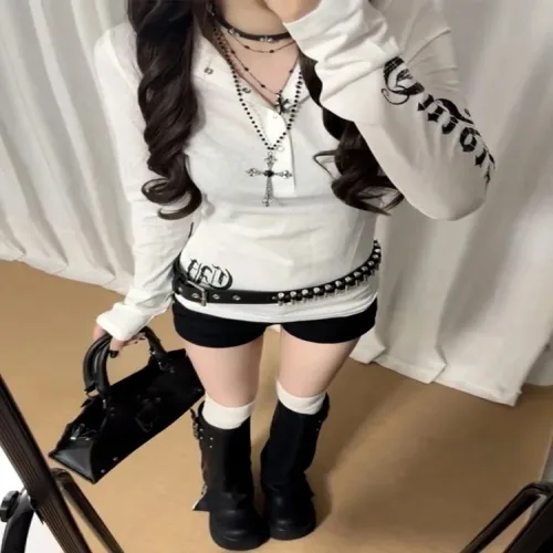 여름 아메리칸 레트로 긴팔 후드 티셔츠 서브컬쳐 고딕 탑스 펑크 빈티지 슬림 프린트 신상품