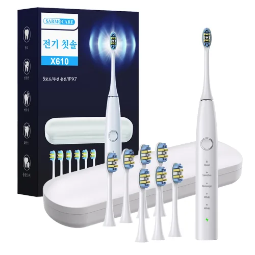 음파전동칫솔 초음파 전동칫솔 스마트 음파 전동칫솔 본체 전동칫솔 파워화이트닝 전동칫솔 전동칫솔 리필브러쉬 6개, 여행가방, White, 1세트, X610