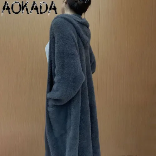AOKADA 가을 겨울 롱 밍크라이크 여성 니트 가디건 루즈핏 후드 스웨터 코트 4colors