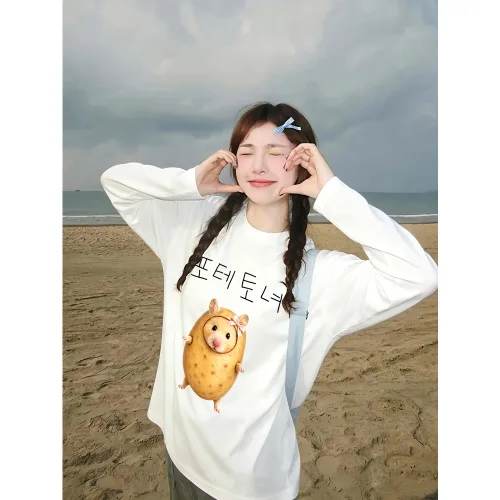 Y2K 여성 긴팔티, 햄스터 프린트 티셔츠, 포테이토 햄스터 티, 아메리칸 레이지 스타일, 루즈핏 긴팔티, 캠퍼스 캐주얼 탑