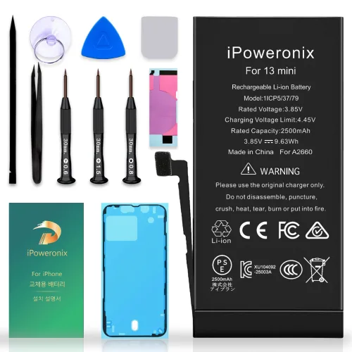 iPoweronix 아이폰 13 mini 대용량 배터리 2500mAh KC인증 안전IC 탑재 616-0770 호환 교체용 한글 설명서 포함, 1개, iPhone 13 mini 배터리，분해 도구 포함
