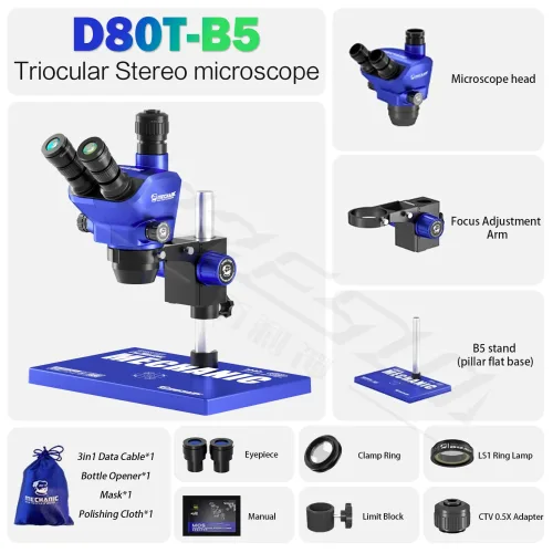 MECHANIC D80T 삼안 실체 현미경 8-80X 줌 27mm 광시야 휴대폰 PCB 전자제품 납땜 수리 도구 세트