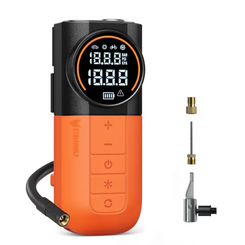 에텐울프 타이어 공기압 주입기 휴대용 무선 올인원 세트 5200mAh 타이어 압력 모니터링 LED손전등 보조배터리 다용도에어펌프, 오렌지색, 1개