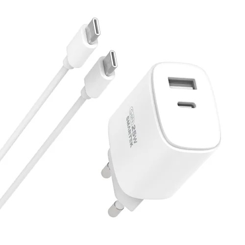 스마텍 GAN PD 25W 고속충전 2포트 충전기 + C타입 케이블 세트 STQC-GD25 CT, 화이트, 1세트