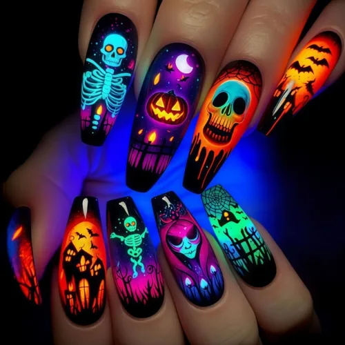 Stylish Halloween Press-On Nail 24 Pcs Skeleton, Pumpkin & Bat Designs