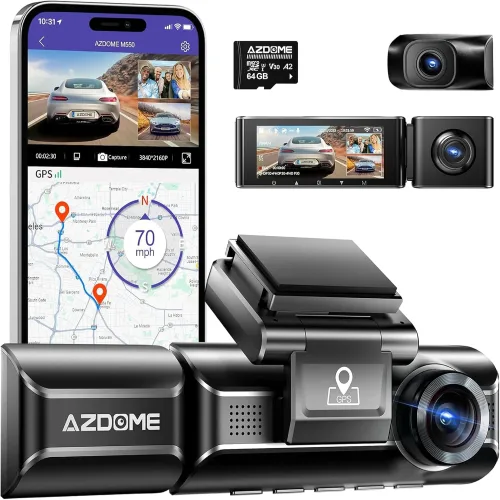 AZDOME M550 3CH 대시캠 4K - 3.19인치 화면 IR 야간 시야 24시간 주차 모드 3채널 실내 카메라 내장 GPS 및 WiFi 3모드 모니터