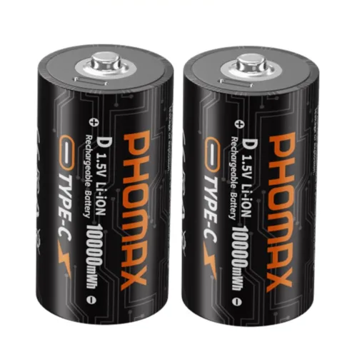 PHOMAX D형 10000mWh C타입 직접 충전 D형 R20 충전 리튬 배터리 1.5V 고용량 수백회 반복사용 가스레인지 온수기용 캠핑랜턴용, 1개, 2개입