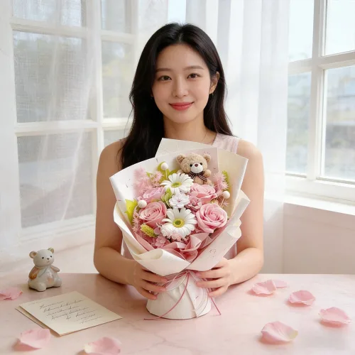 테디베어 인형 비누꽃 꽃다발, 시들지 않는 꽃, 여성 생일 선물, 1개, 핑크