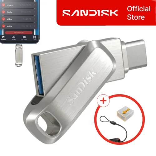 샌디스크 듀얼 타입 메모리 OTG USB 3.2 Gen1 샴페인 실버 풀메탈 하우징 고성능 유에스비 [보호캡 + 스트랩 패키지], 1개, 64GB