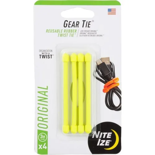 Nite Ize GT34PK33 오리지널 기어 타이 재사용 가능한 고무 트위스트 3인치 네온 옐로우 4팩 미국산