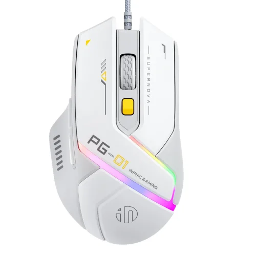Inphic PG1 게임용 마우스 RGB 매크로 프로그래밍 기능 탑재 6버튼 인체공학적 USB 유선 게이밍 마우스, 화이트