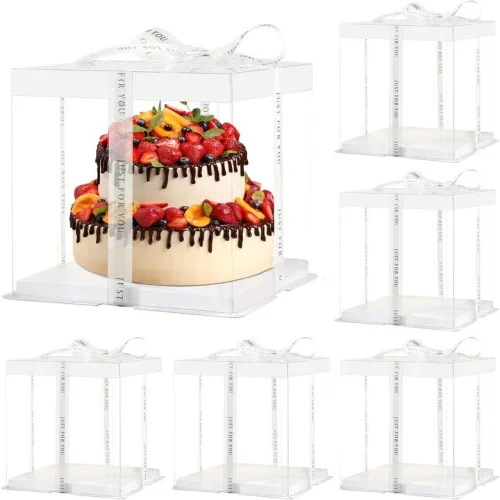 JCD 투명 케이크 박스 리본 포함 6개 세트 화이트 뚜껑 7x7x8인치 box|White Lid 7inch/6Pcs