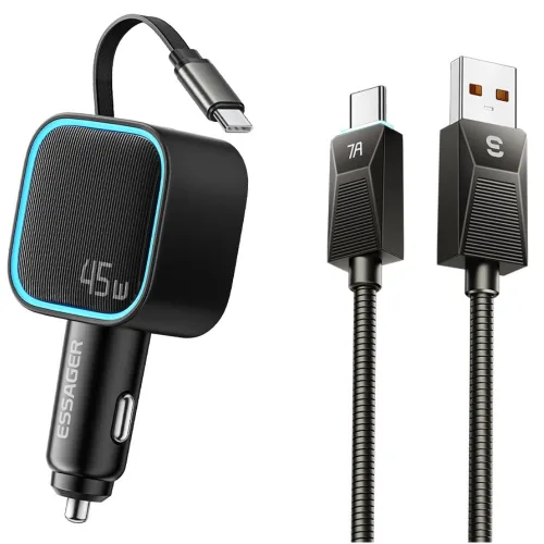 ESSAGER 동시3대충전 3포트 릴타입 USB A타입 차량용 고속충전기 멀티형 C타입 시거잭/시가잭 충전기 PD/QC3.0/FCP/SCP/Sumsang/Apple2.4, 블랙, ECC2CA-MH01-P+EXCT-SB0A-Z