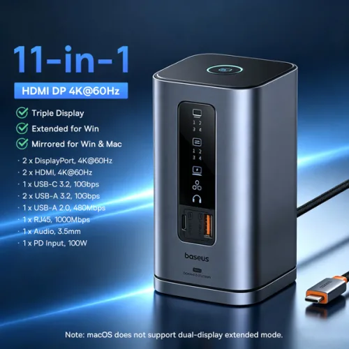베이스어스 도킹 스테이션 15-in-1 160W USB C 허브 HDMI 4K 120Hz USB3.2 RJ45 SD TF 고속 타입 C PD 100W