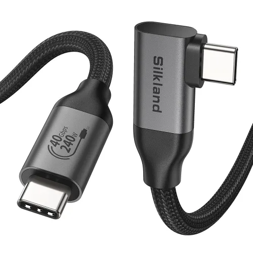 실크랜드 썬더볼트3/4 호환 USB4.0 케이블 C타입-C타입 8K 240W 40Gbps 고속충전 데이터 ㄱ자 90도 케이블, 1개, 블랙, 1.2m