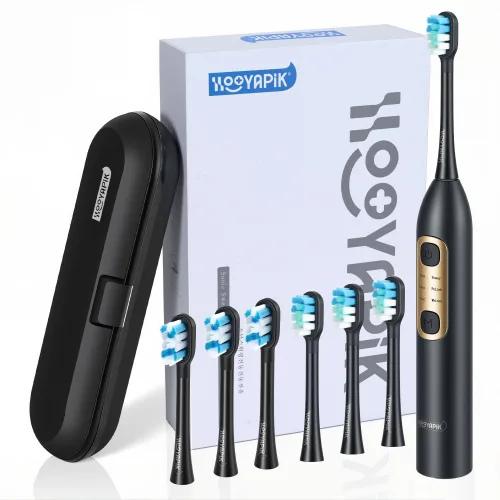 Hooyapik 음파 전동 칫솔 스마트 칫솔 리필브러쉬 6 개+여행가방, 1개, 블랙, E0020