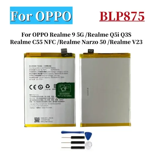 쿠쿠스토어 새로운 5000mAh 배터리 BLP875 (OPPO Realme 9 5G / Q5i Q3S C55 NFC Narzo V23 호환) +  도구