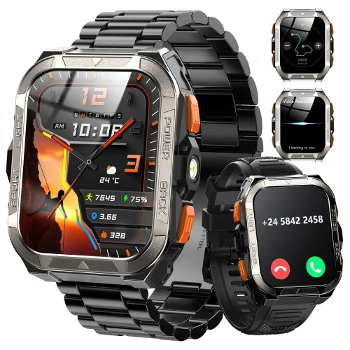 IOWODO W80 Pro 아웃도어 GPS 스마트워치 메탈 스트랩 1.91인치 대형 디스플레이 블루투스 통화 나침반 2.0 LED 손전등 IP68 방수 한국어 버전, GPS + 블루투스, 4.6cm, 검은색