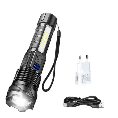 초강력 LED 손전등 2000LM 타입-C 충전식 장거리 줌 전술용 토치 야외 비상 캠핑 낚시 랜턴