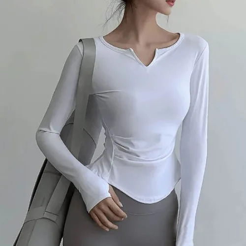 셔링 크롭 슬림핏 핑거홀 긴팔티셔츠 여성 운동복 필라폴웨어 요가복 필라테스복 요가탑