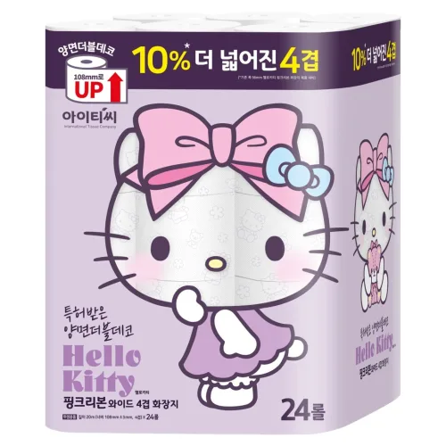 ITC 헬로키티 더 넓은 핑크리본 와이드 4겹 천연펄프 양면더블데코 화장지, 1개, 24롤, 20m